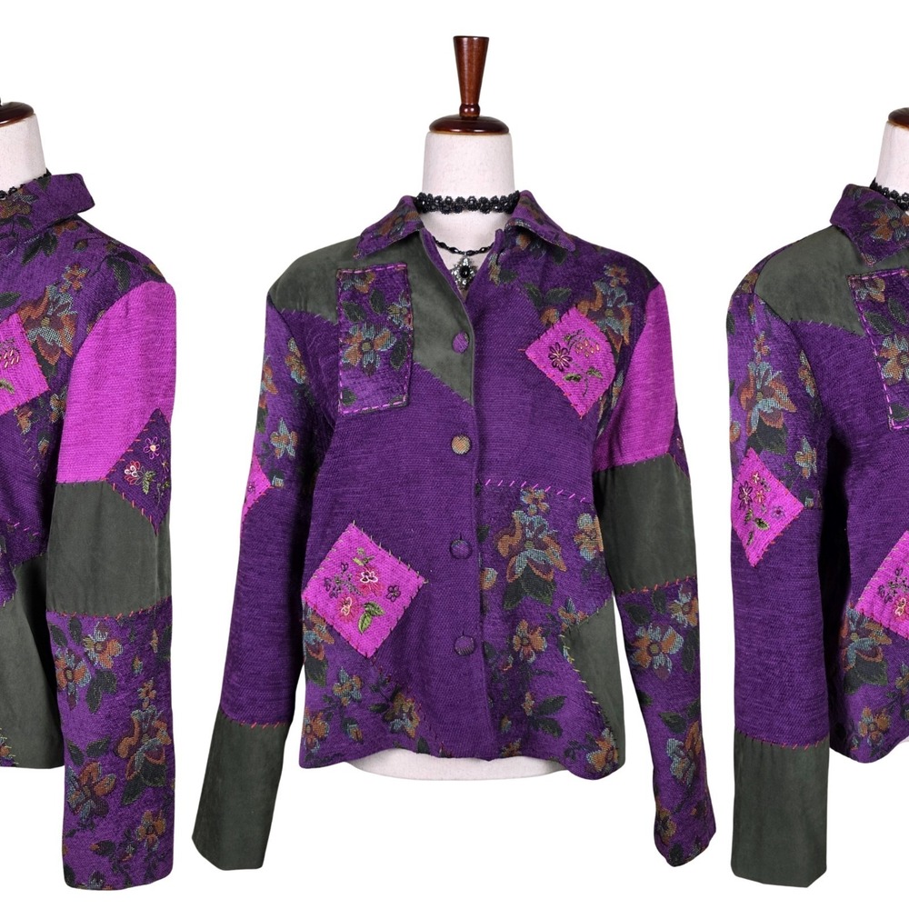 Patchwork Jacket Size Med Colorful Boho 90s Carpet Tapestry Floral Beaded VTG